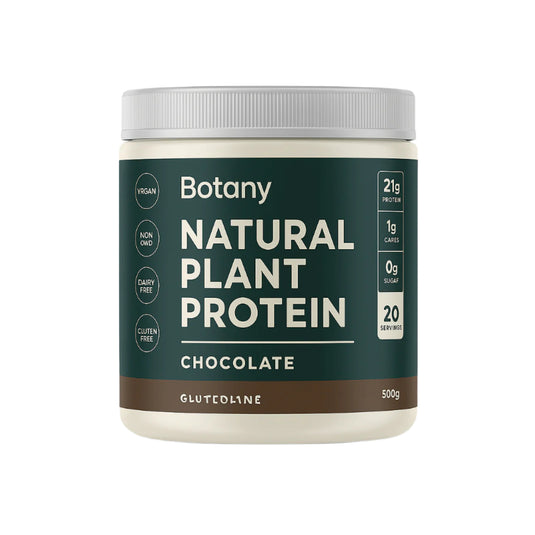 Container of lean plant protein powder in a sleek green and cream design, featuring a secure white lid.