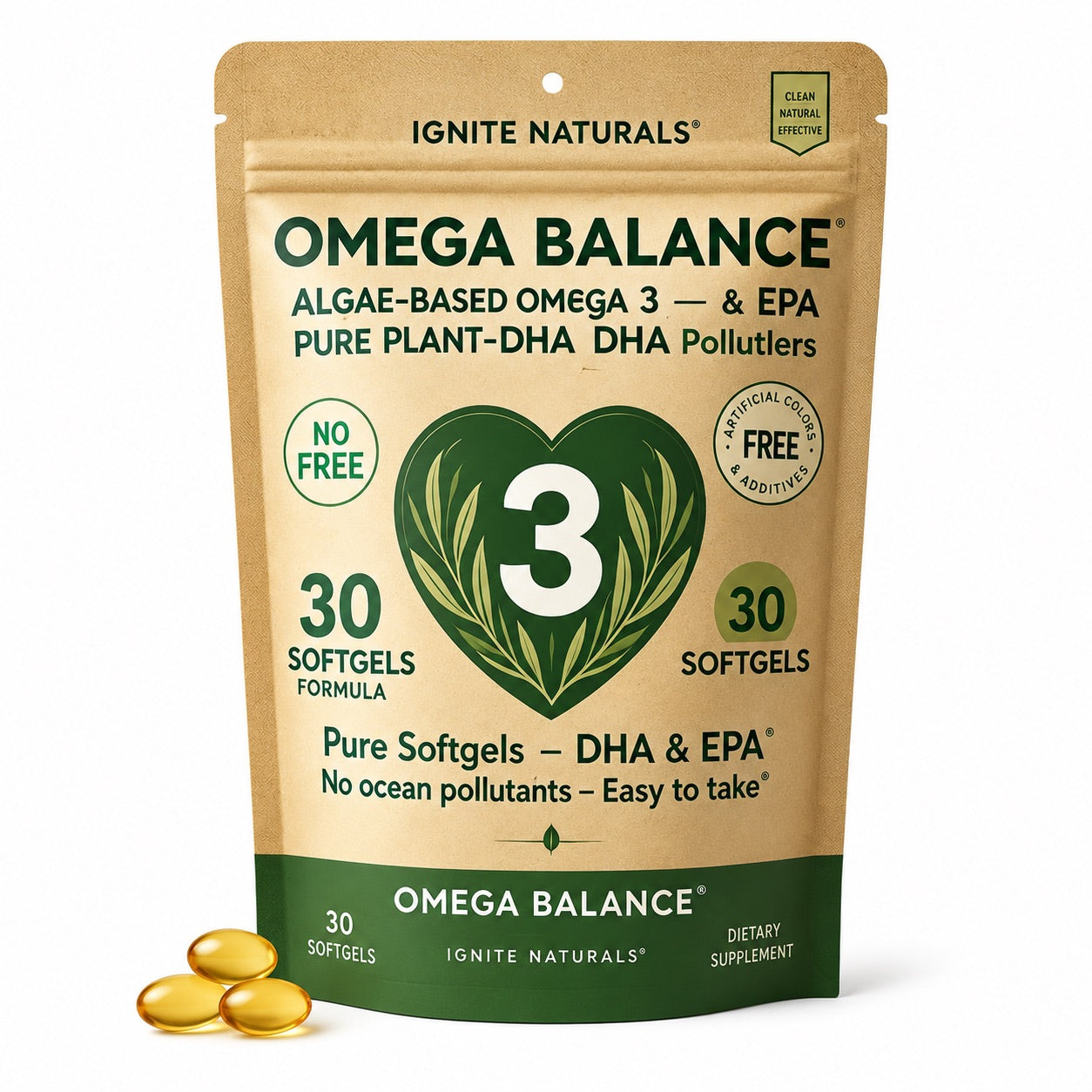 Omega Balance dietary supplement package with gold softgels on a white background