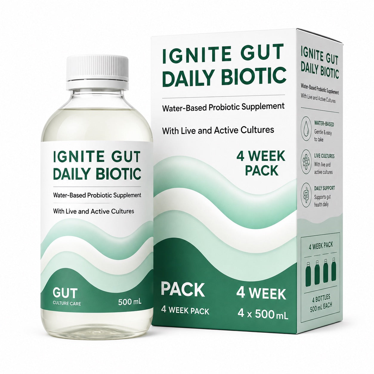 A product image featuring a box and bottle of Ignite Gut Daily Biotic, a water-based probiotic supplement with live and active cultures, designed for 4 weeks of daily consumption.