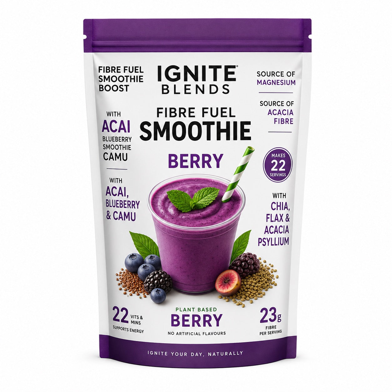 Package of Ignite Blends Fibre Fuel Smoothie Boost Berry on a white background
