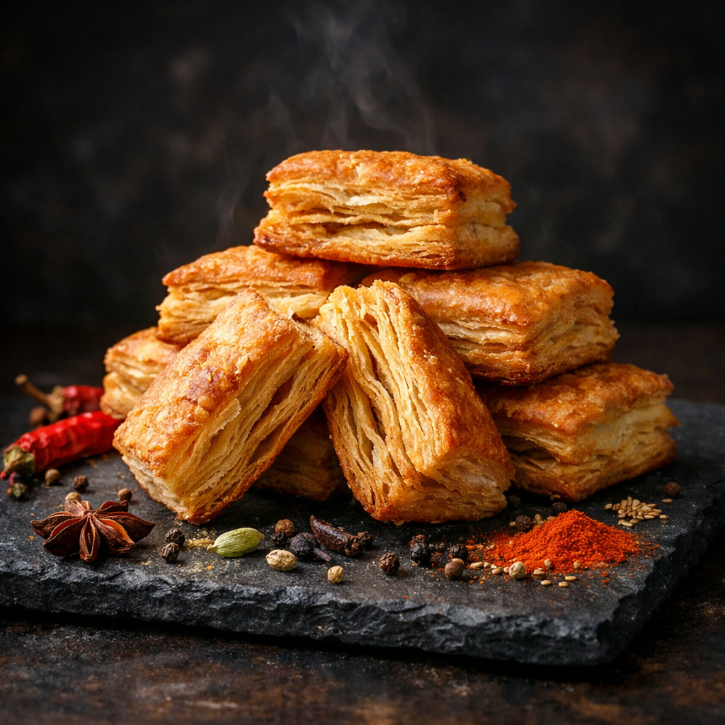 Karam Masala Puff Pastry — dimensional arrangement