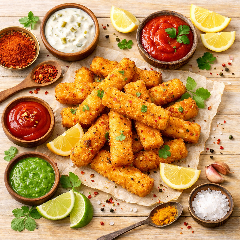 Tangy Fish Fry Sticks — styled flat lay