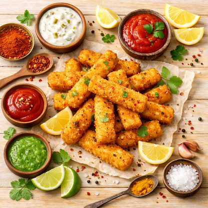 Tangy Fish Fry Sticks — styled flat lay